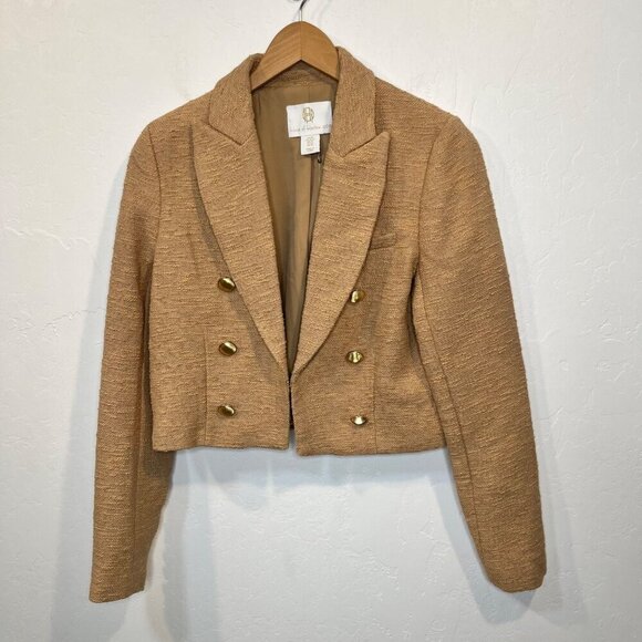 House of Harlow Tweed Cropped Tan Blazer Jacket Size S Gold Buttons neutral - Picture 6 of 12